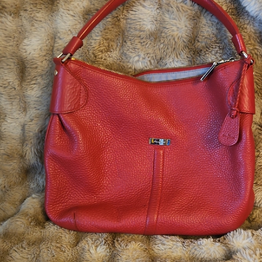 Cole Haan Red Pebbled Leather Hobo Shoulder Bag with Silver Accents